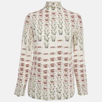 Pre Owned Prada Beige Daffodil Print Silk De Chine Top S
