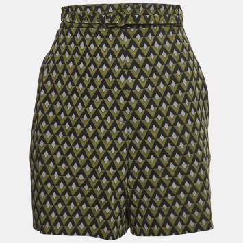 Prada Green Geometric Print Virgin Wool Belted Shorts M