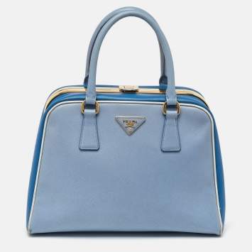 Pre Owned Prada Two Tone Blue Saffiano Lux Leather Pyramid Frame Satchel