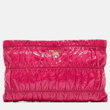 Pre Owned Prada Fuchsia Vernice Gaufre Leather Top Zip Clutch