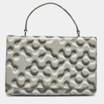 Pre Owned Prada Grey Molecule Print Leather Flap Top Handle Bag