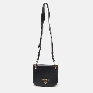 Pre Owned Prada Black Leather City Calf Pionnière Saddle Shoulder Bag