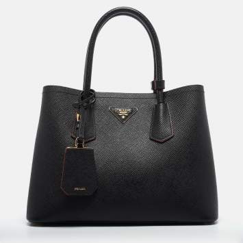 Pre Owned Prada Black Saffiano Cuir Leather Small Double Handle Tote