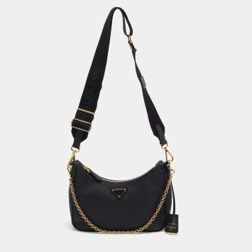 Pre Owned Prada Black Saffiano Lux Leather Re-Edition 2005 Baguette Bag