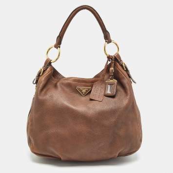 Pre Owned Prada Brown Cervo Leather Side Zip Hobo