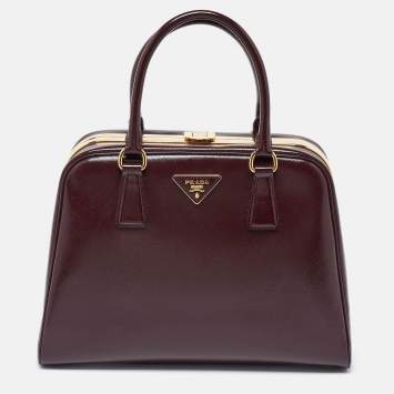 Pre Owned Prada Burgundy Saffiano Vernice Leather Pyramid Frame Satchel