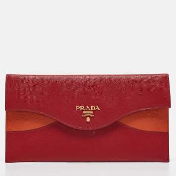 Pre Owned Prada Red/Orange Saffiano Cross Leather Wave Continental Wallet