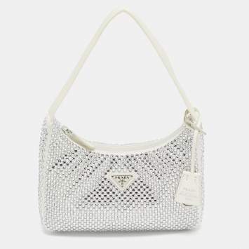 Pre Owned Prada Off White Satin Crystal Embellished Re-Edition 2000 Baguette Bag