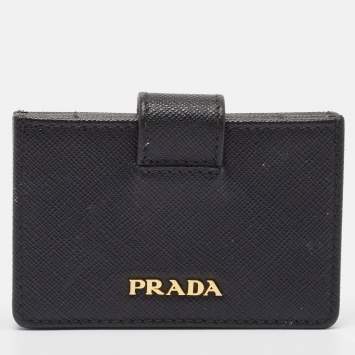 مملوكة مسبقًا Prada Black Saffiano Metal Leather Accordion Card Case