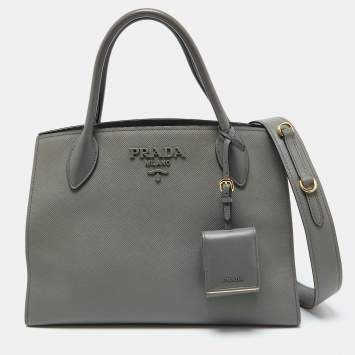 Pre Owned Prada Grey Saffiano Cuir Leather Monochrome Tote