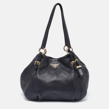 Pre Owned Prada Black Vitello Daino Leather Side Zip Hobo
