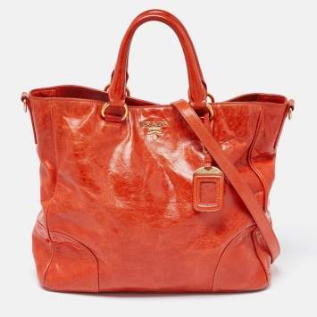 Pre Owned Prada Orange Vitello Shine Leather Snap Tote