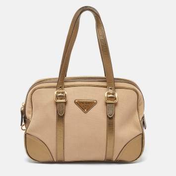 Pre Owned Prada Metallic/Beige Canvas and Leather Zip Bowler Bag