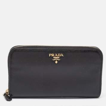 Pre Owned Prada Black Saffiano Lux Leather Zip Continental Wallet