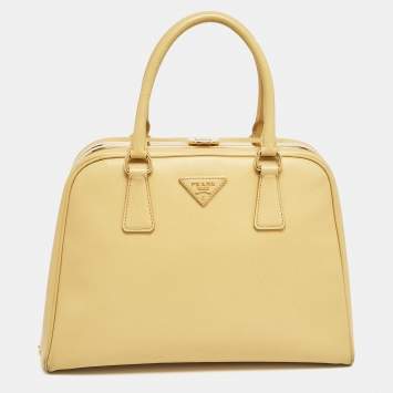 Pre Owned Prada Yellow Saffiano Lux Leather Pyramid Frame Satchel