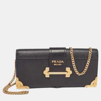 Pre Owned Prada Black Leather Cahier Chain Clutch
