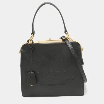 Pre Owned Prada Black Logo Print Saffiano Leather Frame Top Handle Bag