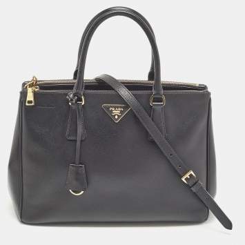 Pre Owned Prada Black Saffiano Leather Medium Double Zip Tote