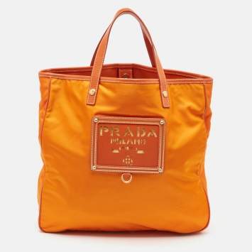 Pre Owned Prada Orange Nylon and Leather Logo Tote