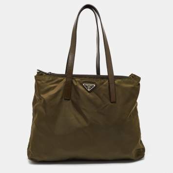 Pre Owned Prada Olive Green Nylon and Leather Shopper Tote