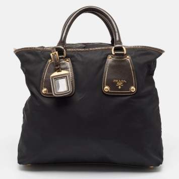 Pre Owned Prada Black Tessuto Nylon and Leather Zip Tote