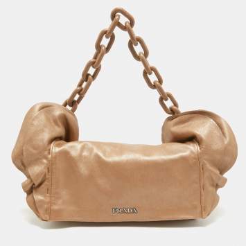 Pre Owned Prada Metallic Beige Leather Ruffle Shoulder Bag