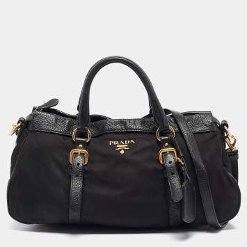 Pre Owned Prada Black Leather and Nylon Buckle Shoulder Bag