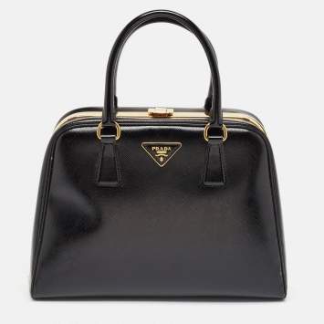 Pre Owned Prada Black Patent Leather Pyramid Frame Top Handle Bag