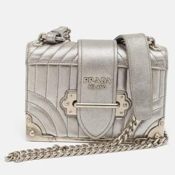 Pre Owned Prada Silver Leather Cahier Chain Bag