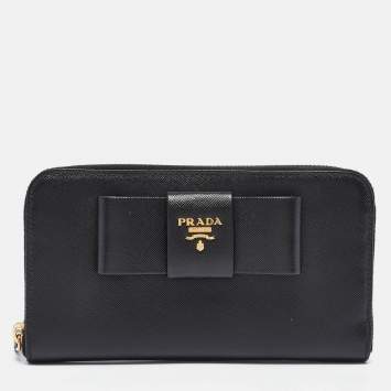 Pre Owned Prada Black Saffiano Metal Leather Bow Continental Wallet
