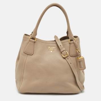 Pre Owned Prada Beige Vitello Daino Leather Snap Tote