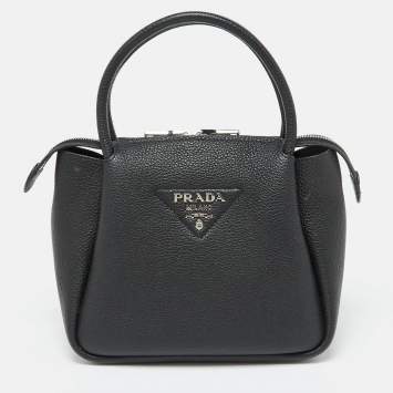 Pre Owned Prada Black Vitello Leather Daino Top Zip Satchel