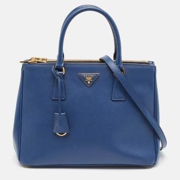 Pre Owned Prada Navy Blue Saffiano Lux Leather Medium Double Zip Tote