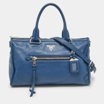 Pre Owned Prada Blue Vitello Phenix Leather Zip Satchel