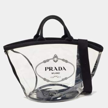 Pre Owned Prada Black/Clear PVC and Canvas Logo Beach Tote