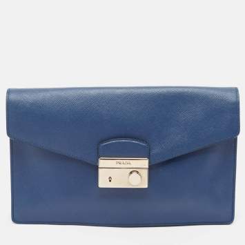 Pre Owned Prada Blue Saffiano Lux Leather Sound Clutch