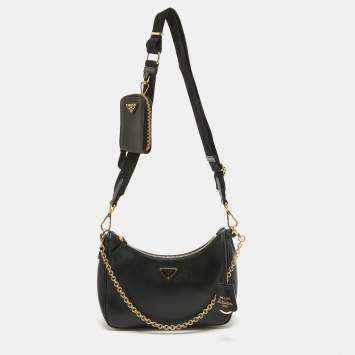 Pre Owned Prada Black Saffiano Lux Leather Nylon Re-Edition 2005 Bag