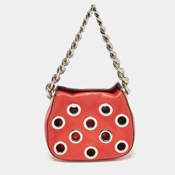 Pre Owned Prada Red Leather Grommet Shoulder Bag