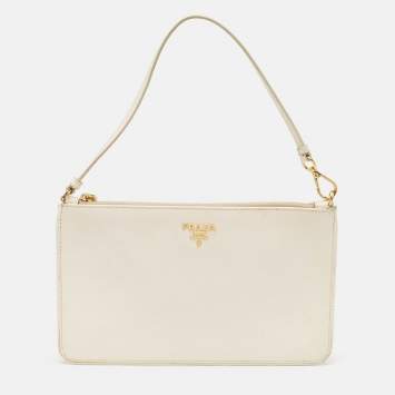 Pre Owned Prada White Saffiano Lux Leather Slim Pochette Bag