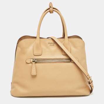 Pre Owned Prada Tan Saffiano Cuir Leather Open Promenade Satchel
