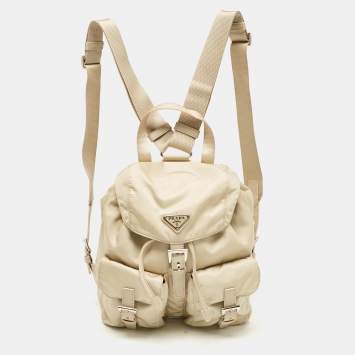 Pre Owned Prada Beige Nylon and Leather Drawstring Backpack