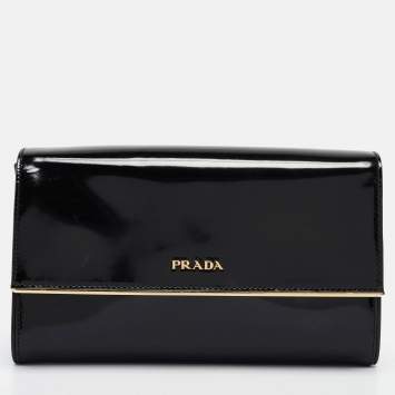 Pre Owned Prada Black Patent Leather Metal Flap Clutch