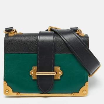 Pre Owned Prada Green/Black Leather Cahier Flap Shoulder Bag