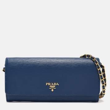 Pre Owned Prada Blue Vitello Move Leather Wallet on Chain