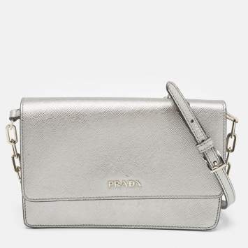 Pre Owned Prada Silver Saffiano Lux Leather Flap Chain Clutch