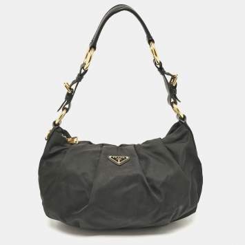 Pre Owned Prada Black Nylon Pleated Hobo
