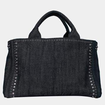 Pre Owned Prada Crystal Embellished & Eyelet Denim Two-Way Bag