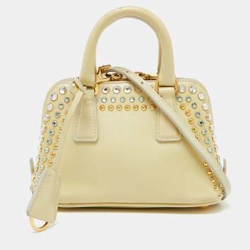 Pre Owned Prada Cream Saffiano Patent Leather Crystal Embellished Pyramid Frame Satchel