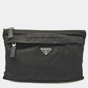 Pre Owned Prada Black Re-Nylon Triangle Logo Zip Pouch Clutch