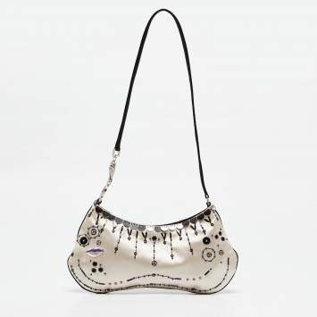 Pre Owned Prada Beige/Black Satin Embellished Baguette Bag